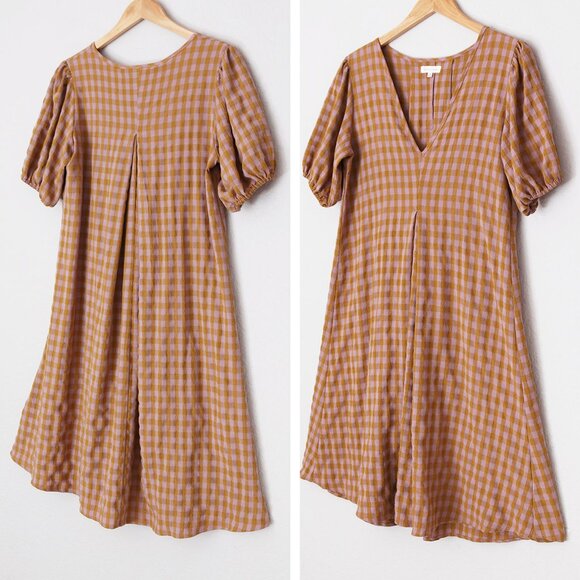 Reminiscence Gingham Plaid Seersucker Puff Short Sleeves Flared Dress Mini Tan - Picture 12 of 13